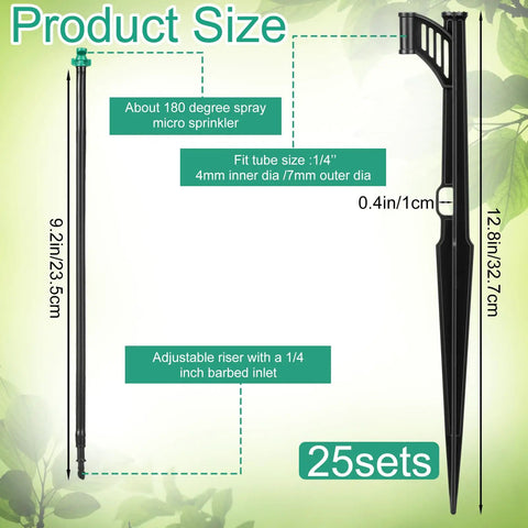 25 Pack Drip Irrigation Stakes With 180 Degree Wing Spray Emitters And One Quarter Inch Barbed Inlet Sprinkler Extension Risers For Garden Watering System, 13 Inch Adjustable Stakes, Green product size diagram with dimensions.
