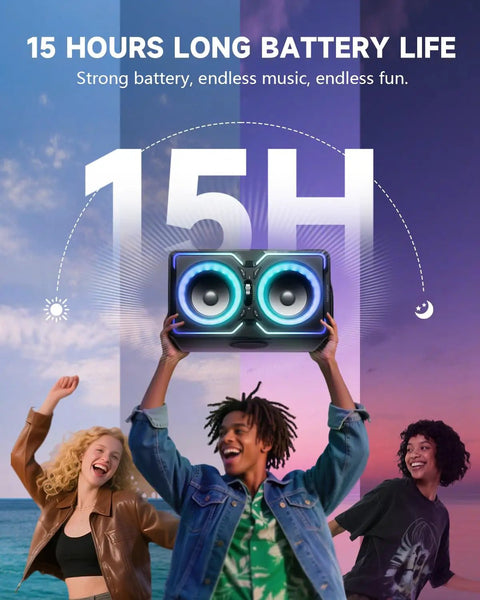 Happy group holding Beast 240W Peak Bluetooth Party Speaker With Deep Bass, 15 Hour Playtime, outdoors at beach party