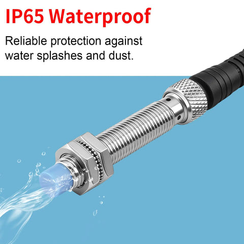 Inductive Proximity Sensor Switch M8 2Mm Detect Distance 10-30V DC shown with water, highlighting IP65 waterproof protection