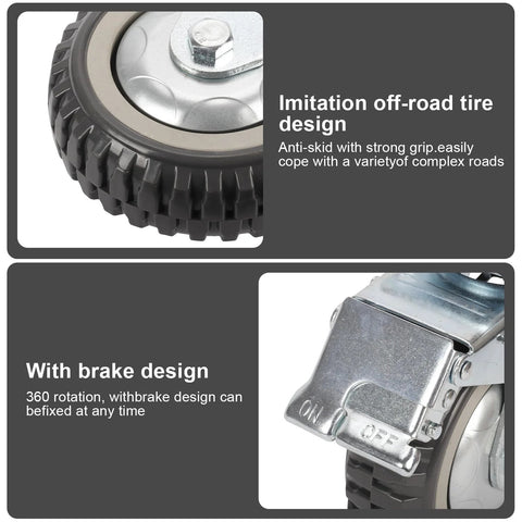 Set of four 6-inch heavy-duty swivel caster wheels; 2 locking, 2 non-locking, anti-skid tread, with brake lever.