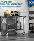 Heavy Duty Two Tier Utility Cart On Wheels With Handle For Warehouse Garage And Kitchen NSF Certified Commercial Grade Metal Serving Storage Cart Built Tough Durable Steel Frame Large Capacity Black