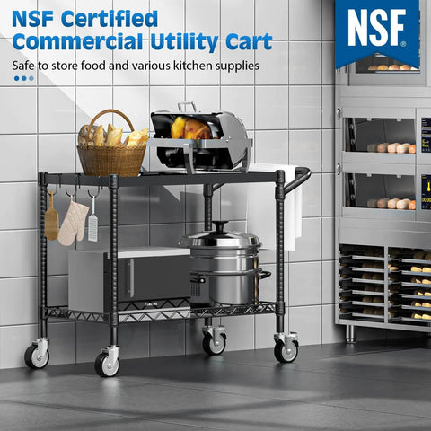 Heavy Duty Two Tier Utility Cart On Wheels With Handle For Warehouse Garage And Kitchen NSF Certified Commercial Grade Metal Serving Storage Cart Built Tough Durable Steel Frame Large Capacity Black