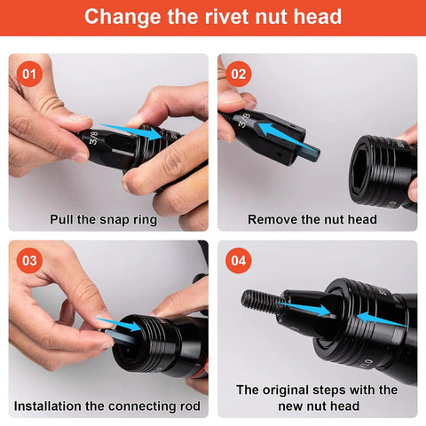 Instructions on changing rivet nut head for Pneumatic Rivet Nut Gun Kit With Self Locking Head And Adjustable Speed