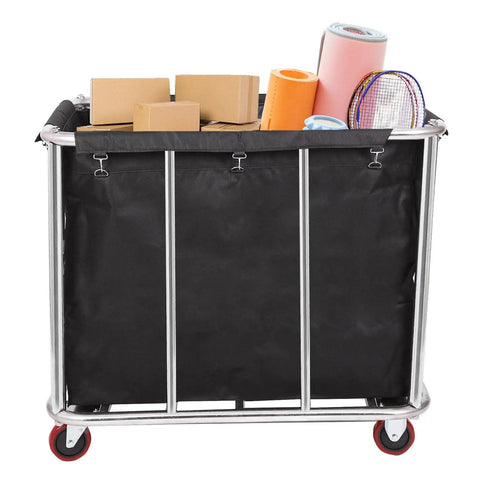 Built Like A Tank 12 Bushel Laundry Cart loaded with boxes and materials, heavy duty stainless steel, smooth rolling organizer.
