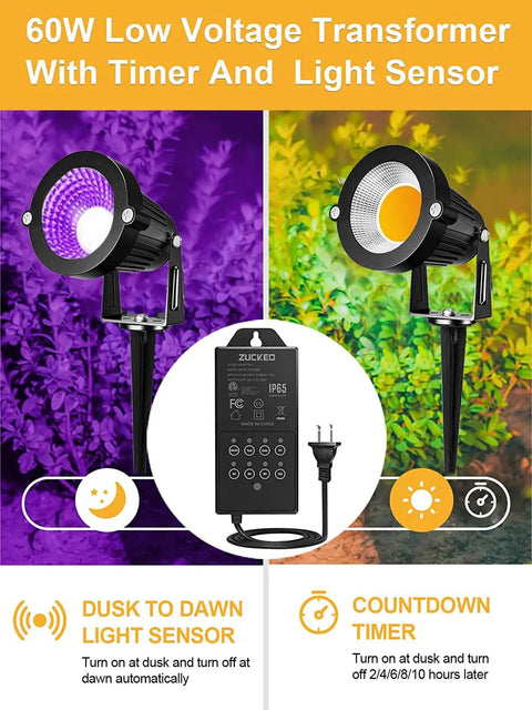 Two 60W LED lights with a timer and light sensor, featuring purple and white hues, in a garden setting.