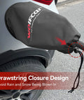 All Weather EV Charger Cover Outdoor Double Sided Shield with drawstring closure on car, rain and snow protection visible