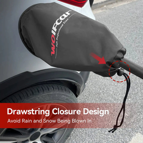 All Weather EV Charger Cover Outdoor Double Sided Shield with drawstring closure on car, rain and snow protection visible
