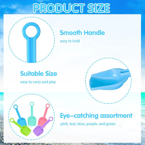 24 Pack Beach Shovels For Kids, 7 Point 7 Inch Plastic Sand Scoops In Bright 5 Colors showing handle and assorted colors