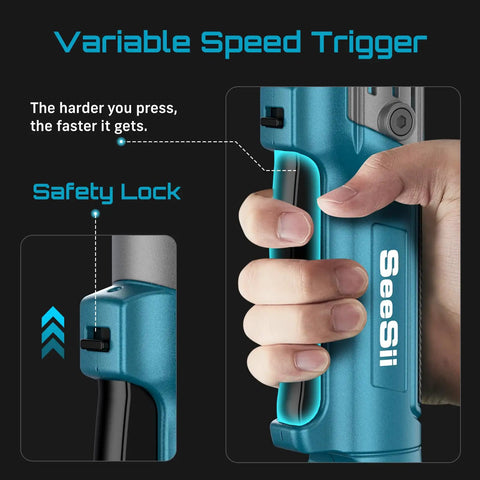 Half Inch Cordless Electric Ratchet Wrench Pro Grade With 90 Nm Torque, 21V Max Brushless Motor showing variable speed trigger