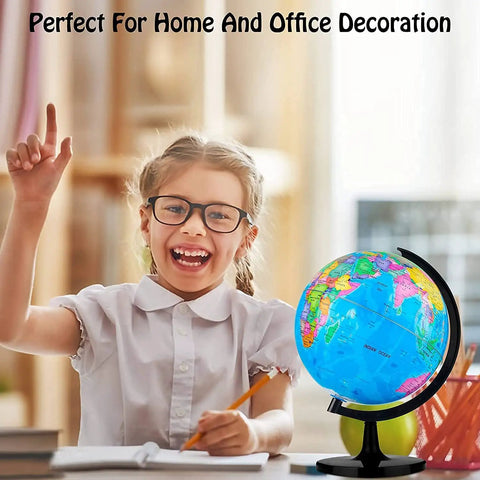 Smiling child with glasses pointing to a 10 Inch DIY World Globe For Kids Learning Hands On Assembly Educational Rotating Globe Large World Map.