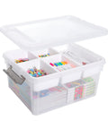 17 Quart Clear Plastic Storage Box With Removable Tray And Five Partition Compartments filled with craft supplies