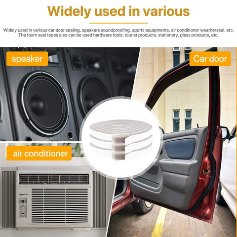 Kick Out Drafts With Premium Heavy Duty Foam Weather Stripping Tape Adhesive Door And Window Seal Half Inch Thick PU Compression Sponge Roll used in car doors, speakers, and air conditioners.