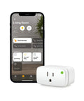 Apple HomeKit Smart Plug With Built-In Schedules And Power Meter shown beside smartphone app interface for control.