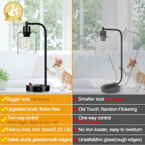 Set Of 2 Industrial Table Lamps With USB C And USB A Ports And Outlet beside cats showing size and design features comparison