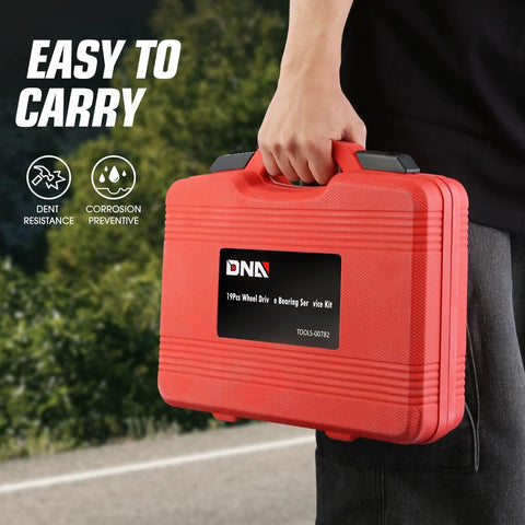 Person carrying red storage case for 19 Piece Front Wheel Bearing Press Kit with Bearing Puller Tools