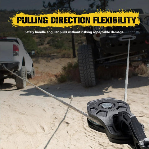 Beefy 10 Ton Winch Snatch Block For Offroad Recovery And Towing, 22,000 Lb Capacity Pulley For Synthetic Rope Or Steel Cable, Heavy Duty Winch Accessory Built To Withstand Rough Trails On Trucks Tractors ATVs And UTVs. Snatch block on angled recovery pull between off-road vehicles