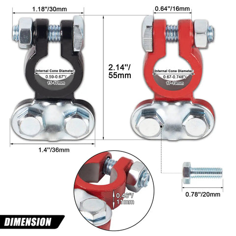 Color Coded Quick Release Battery Terminals Set With Top Post Connectors And Anti Corrosion Felt Washers For Cars Trucks Boats RVs Campers And More One Pair Durable Lead Construction For Superior Conductivity And Easy Cable Fixing And DIY Ready, showing dimensions and components.
