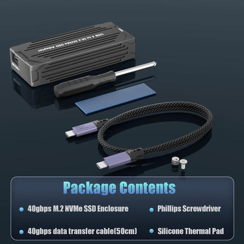 Blazing Fast 40Gbps USB4 NVMe SSD Enclosure For 2280 And 2230 Drives features aluminum casing, USB cable, screwdriver, and thermal pad.