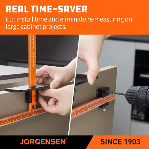 Aluminum Cabinet Hardware Jig Tool With Double Scale Template For Precise Door And Drawer Front Knob, Handle And Pull Installations, 5mm Alignment Drilled Hole, Heavy Duty DIY Pros And Home Crafters in use on cabinet