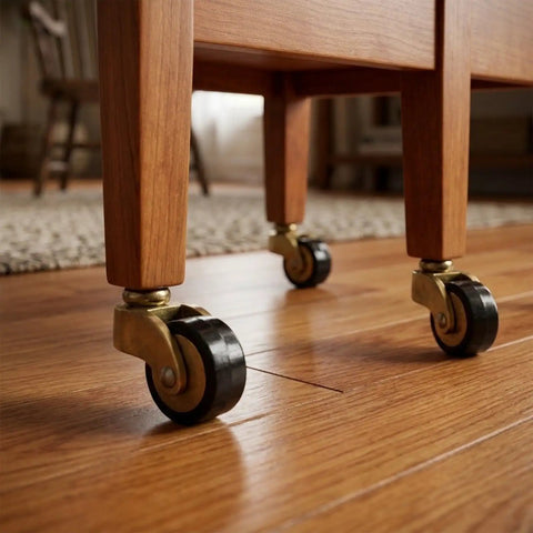 Solid Brass Furniture Casters on wooden furniture, showcasing smooth rolling wheels and antique style threaded stems.