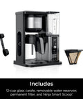 Hot And Iced XL Coffee Maker With Rapid Cold Brew Four Brew Styles Eight Cup Sizes From Small Cup To Travel Mug Barista Grade Single Serve Brewer 12 Cup Carafe Permanent Filter Removable Reservoir Black CM371 shown with scoop, filter, and carafe