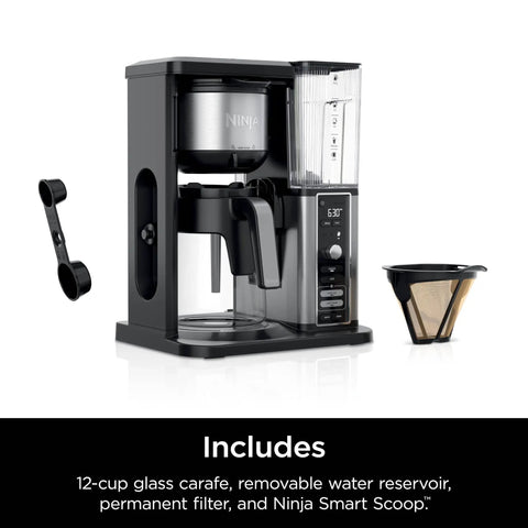 Hot And Iced XL Coffee Maker With Rapid Cold Brew Four Brew Styles Eight Cup Sizes From Small Cup To Travel Mug Barista Grade Single Serve Brewer 12 Cup Carafe Permanent Filter Removable Reservoir Black CM371 shown with scoop, filter, and carafe