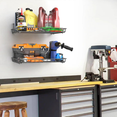 Installed two pack 12 by 24 inch wall mounted shelves for garage closet and laundry room heavy duty floating shelves with durable L shaped brackets holds up to 60 lbs easy 16 inch stud installation black, holding tools and supplies.