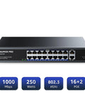 Front view of AUMOX PRO 16 Port Gigabit PoE Switch With 2 Gigabit Uplinks, 250W Power Budget, metal desktop design, 802.3af/at.