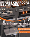 Two Independent Charcoal Grillin Zones With An Oversized 620 Square Inch Cooking Area Storage Cabinet Individual Lifting Charcoal Trays Foldable Side Tables And Built In Thermometer For Outdoor Patio Balcony showing liftable charcoal tray design with dual ash trays.