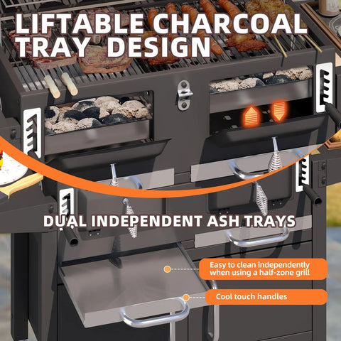 Two Independent Charcoal Grillin Zones With An Oversized 620 Square Inch Cooking Area Storage Cabinet Individual Lifting Charcoal Trays Foldable Side Tables And Built In Thermometer For Outdoor Patio Balcony showing liftable charcoal tray design with dual ash trays.