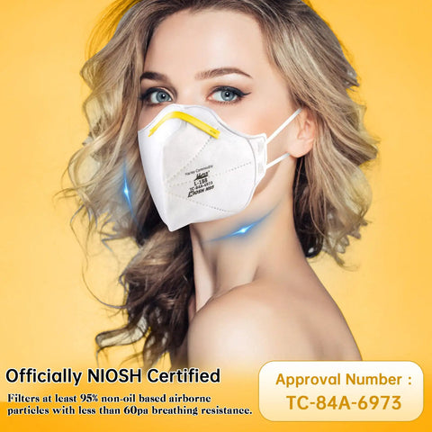 Woman wearing Everyday NIOSH Certified N95 Mask 20 Pack For Adults Three Layer Protective Face Respirator L188 White
