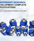 Array of blue aluminum double-loop encoder shaft couplings for CNC machines and 3D printers servo motors.