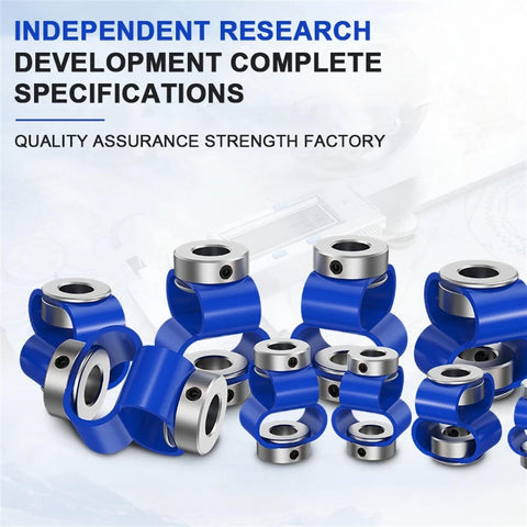 Array of blue aluminum double-loop encoder shaft couplings for CNC machines and 3D printers servo motors.