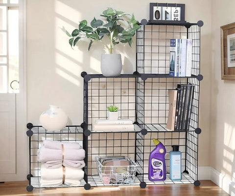 Six Cube Storage Organizer Set With Stackable Wire Grid Shelves Beefy Metal Cubes For Home Office And Kids Room Each Cube Holds Up To 22 Lbs 12 Inch Square DIY Closet Organizer In Black Space Saving And Easy To Tidy in living room with decor items