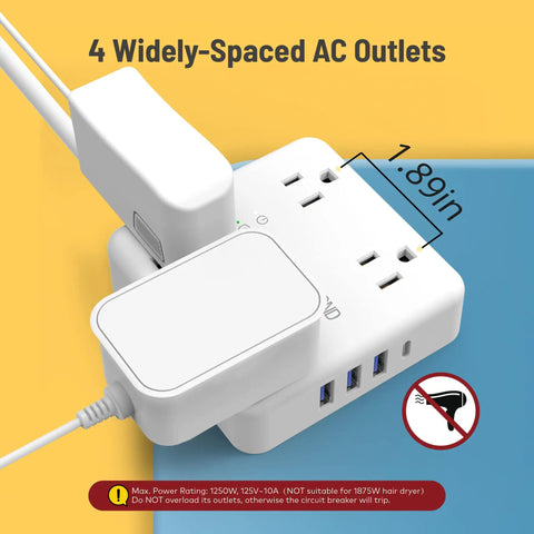 15ft Flat Plug Power Strip With 4 Widely Spaced Outlets And 4 USB Ports Including USB C, 1.89in spacing, shown with plugs