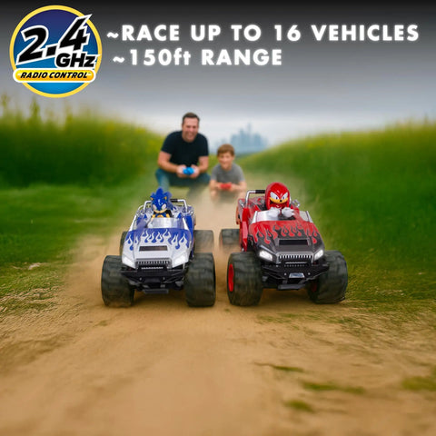 RC Sonic Racing CrossWorlds Monster Truck Ready To Run 2.4GHz Remote Control Toy racing outdoors with two kids