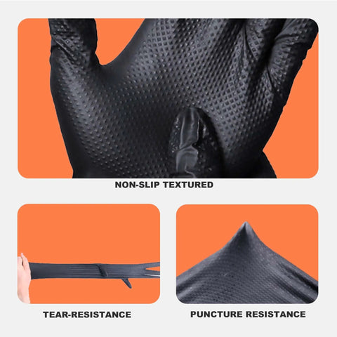 Thick 8 Mil Black Nitrile Gloves Heavy Duty Disposable Work Gear With Serious Diamond Grip Touchscreen Ready Oil Water Resistant All Day Flex showing non-slip textured surface and flexibility.