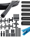 Six Piece 4.9 Ft Vacuum Hose Kit For Automotive Air And Water Lines With 64 Connectors And One Tube Cutter Universal Silicone Tubing ID One Eighth Inch To Three Eighths Inch For Engine Vacuum And AC System Applications image showing hoses, connectors, and cutter.