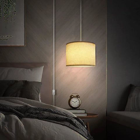 Plug In Pendant Light With 15 Foot Cord And On Off Switch, Easy No Hardwiring Hanging Lamp With Fabric Shade, Adjustable Drop in bedroom