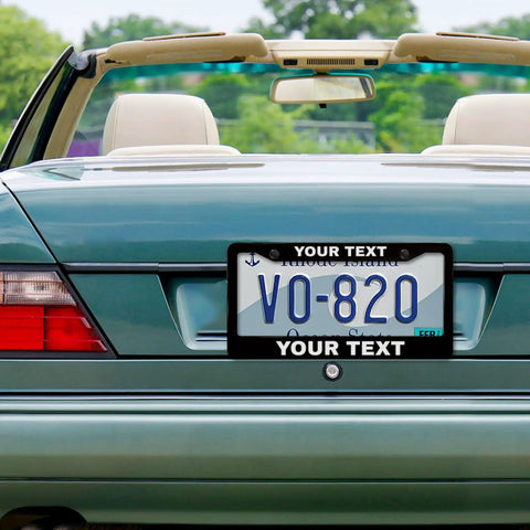Convertible car with Custom License Plate Frame With Your Own Text Personalize Now, showing rear view with frame on plate