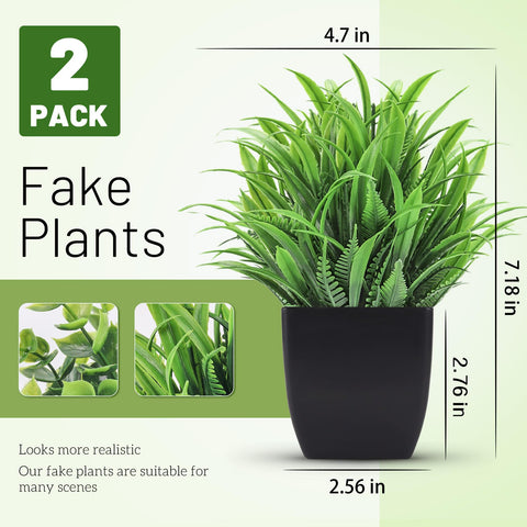Two Pack Mini Faux Plants In Black Pots For Home Or Office Desk Decor Indoor Low Maintenance No Water Needed Realistic Artificial Plants For Bathrooms Living Rooms And Workspaces, showing dimensions 7.1 in tall, 4.7 in wide, black pot.