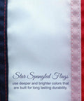 Close-up of stitching on Made In USA Heavy Duty 3x5 Outdoor Flag, 100 Percent Nylon With Embroidered Stars And Sewn Stripes, text visible.