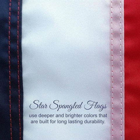 Close-up of stitching on Made In USA Heavy Duty 3x5 Outdoor Flag, 100 Percent Nylon With Embroidered Stars And Sewn Stripes, text visible.