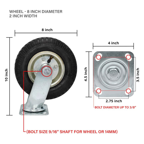 Top Notch 8 Inch Pneumatic Industrial Caster Wheels With Slick Black Rubber Tires For Smooth Rolling And Heavy Duty Floor Protection Steel Hub Ball Bearing Swivel Base Pack Of 2 dimensions with specifications