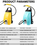 High Pressure Steam Cleaner 3000W With Fast 40 Second Heat Up; yellow and blue units showing specifications and dimensions.
