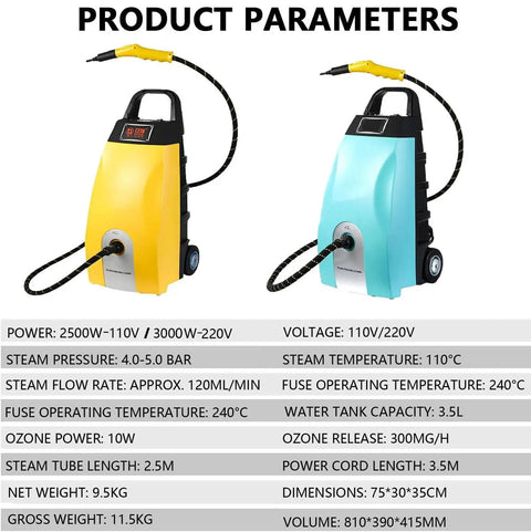 High Pressure Steam Cleaner 3000W With Fast 40 Second Heat Up; yellow and blue units showing specifications and dimensions.