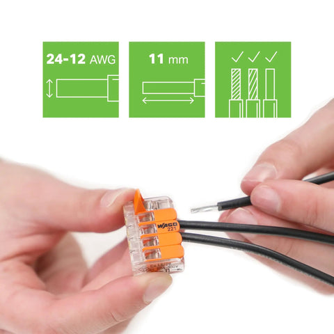 Hands using Lever Nuts Splicing Connector for solid and stranded conductors, 5 conductor with 24-12 AWG transparent housing.