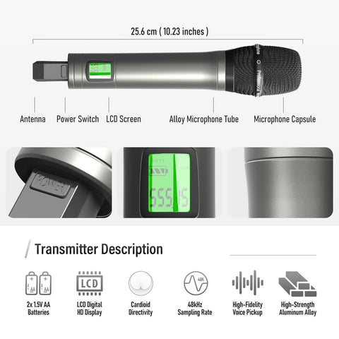 Dual Channel UHF Wireless Microphone System with Auto Scan and IR Sync showing alloy body and LCD display for live use.