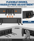 Installation and close-up of Heavy Duty Garage Wall Organizer System With Six Rails And Twelve Adjustable Hooks, 96 Inch, 20 Pack.