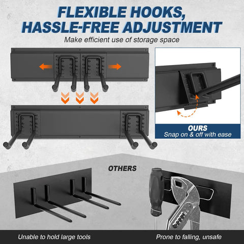 Installation and close-up of Heavy Duty Garage Wall Organizer System With Six Rails And Twelve Adjustable Hooks, 96 Inch, 20 Pack.